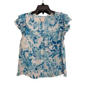 Cupcakes and Cashmere Blue White Floral Top Short Sleeve Size M